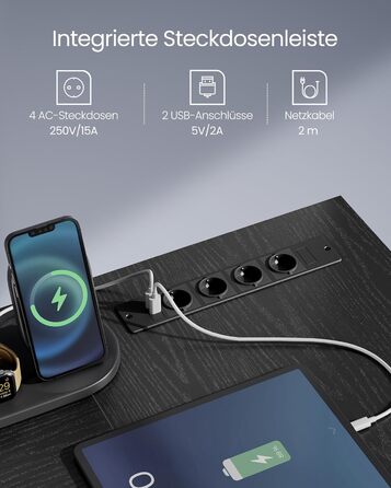 Комп'ютерний стіл VASAGLE L-подібний з розетками, LED-підсвічуванням та USB-портами, 150 x 120 x 76 см, чорний, LWD095B01