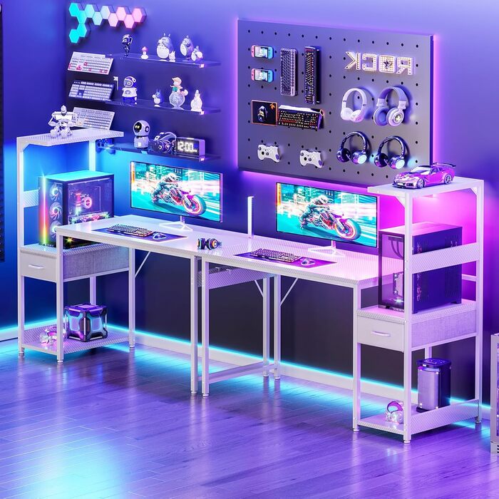 Ігровий стіл Coleshome з LED підсвіткою, білий (120x48 см) - стіл для комп'ютера з ящиками та полицею, тримачем для навушників, карбонове покриття
