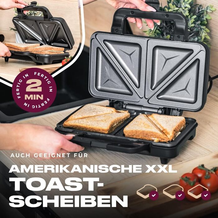 Електричний сендвічмейкер ProfiCook PC-ST 1092 для американських сендвічів XXL, антипригарне покриття, 900 Вт, сріблясто-чорний