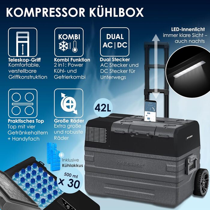 Автомобільний компресорний холодильник KESSER 42L з Wi-Fi, 12/24/230V. Морозильна камера до -20°C, колеса, телескопічна ручка для кемпінгу, фургону, вантажівки + 2 акумулятори холоду