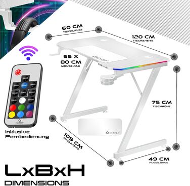 Ігровий стіл KESSER® LED 100x60 см | Z-подібний стіл для геймерів | Тримач для навушників & вуглецеве покриття | Ергономічний стіл для ПК | Стабільний стіл з підстаканником, білий/карбон з LED підсвіткою