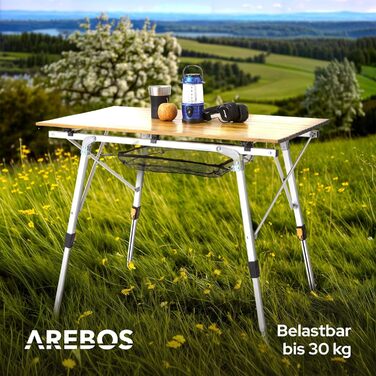 Складаний кемпінговий стіл Arebos 120x70 см, регульована висота 58-78 см, коричневий — для пікніка, саду та гриля, з сумкою для перенесення
