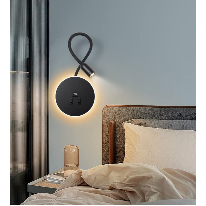 Світильник для читання Awekliy 3W+8W LED з гнучкою ніжкою, настінний, з USB-зарядкою, перемикачем, для спальні, ліжка, нічник, чорний, 3000K