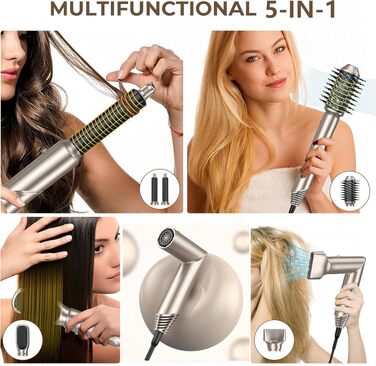 UKLISS Airstyler 5-в-1: Фен-щітка, стайлер для волосся з іонізацією, випрямляч, плойка для локонів, насадки для укладання. Золото-білий колір