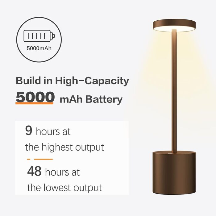 Бездротові LED настільні лампи Hapfish, 2 шт., 5000 мАг, алюмінієві, диммовані, 3 колірні температури, сенсорне керування, для дому та вулиці, нічник, для тераси, столу, бару, колір коричневий