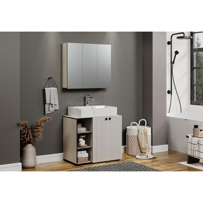 Тумба під раковину на колесах PureBliss від trendteam smart living, 80x64x42 см, з 2 відкритими полицями та вставною дошкою, стійка до подряпин, світло-сірий кашемір
