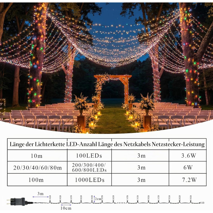 Світлодіодна гірлянда для вулиці та дому 80м, 800 LED, багатоколірна, IP44 водонепроникна, 8 режимів роботи з таймером та пам'яттю, для саду, балкона та кемпінгу