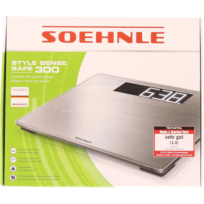 Електронна вага для людей Soehnle Style Sense Safe 300 з великою LCD, нержавіюча сталь, антивідбиткова поверхня