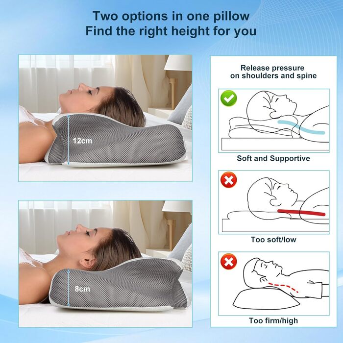 Ортопедична подушка Cozary для шиї з Memory Foam, 2 положення, для сну на боці та при болях у спині, сіра