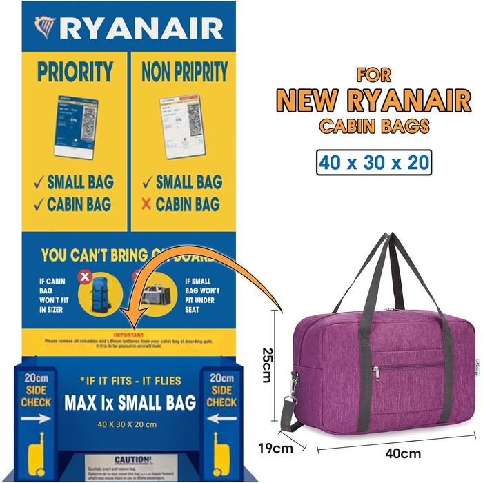 Складана сумка для ручної поклажі Narwey для Ryanair (40x30x20 см), дорожня сумка з плечовим ременем, темно-фіолетова