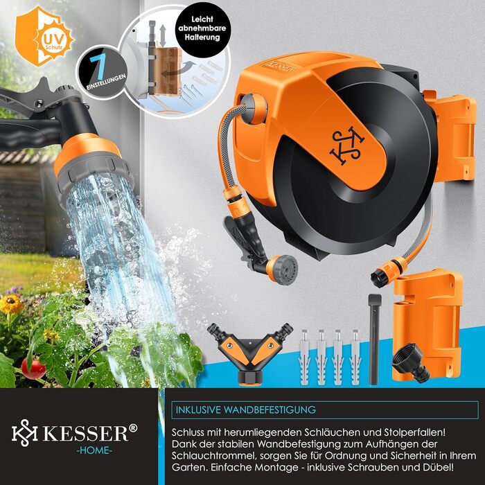 Шланг садовий KESSER® на котушці 35м з настінним кріпленням, поворотний 180°, автоматичне скручування, чорно-помаранчевий, з душем 7 функцій
