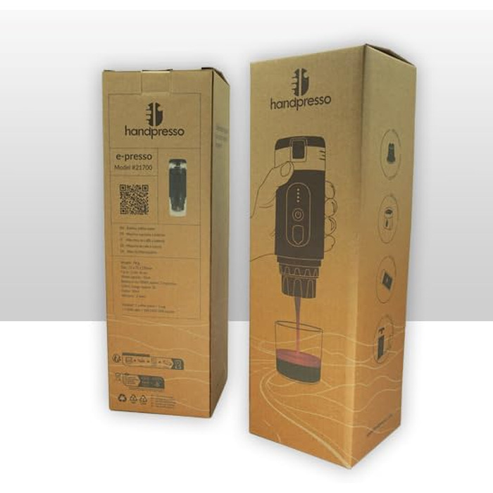 Handpresso E-Presso 21700: Портативна акумуляторна кавомашина для еспресо (капсули/мелена кава) з USB зарядкою, 60 мл