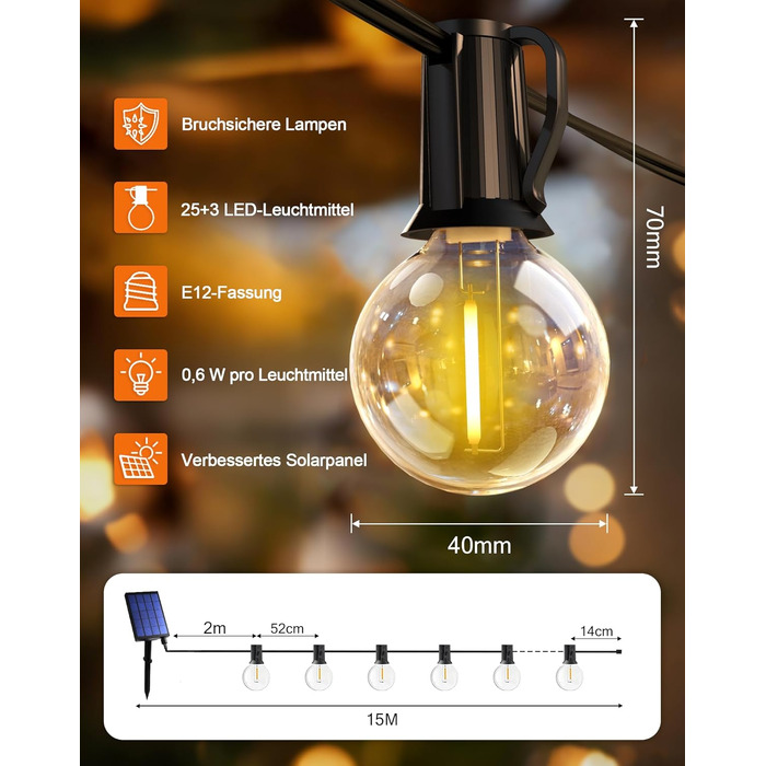 Сонячна гірлянда LED для вулиці 15м, G40, пластик, з пультом ДУ, 8 режимів, водонепроникна IP44