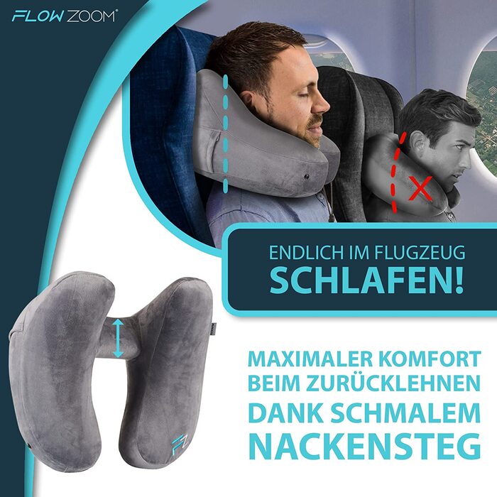 FLOWZOOM AIR надувна подушка для шиї з капюшоном, сіра, розмір L – дорожня подушка для літака, швидке надування, ортопедична подушка для подорожей для дорослих