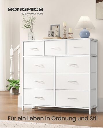 SONGMICS Комод з 9 висувних ящиків, шафа для зберігання, сталь, MDF, фліс, для спальні, прихожей, вітальні, білий (LGS323WH01)