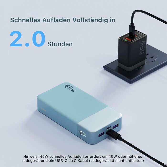 Power Bank Nobis 20000mAh, 45W з кабелем USB-C, Digital Display, для Android, Laptop, Phone (Блакитний)