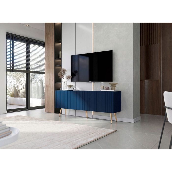 ТВ-тумба Glamour Loft, темно-синя матова, золоті металеві ніжки, 150 см