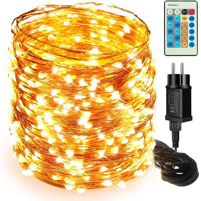 LED гірлянда на 50 метрів з 500 LED, мідний дріт, зірочки, димування, пульт, вологостійка, для саду, тераси, кімнати, святкова прикраса