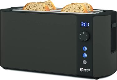 Тостер Balter TS-04-LCD на 4 тости, довгий слот, нержавіюча сталь, підставка для булочок, LCD-дисплей з таймером, функція розморожування, автоматичне центрування хліба, висувний піддон для крихт, чорний