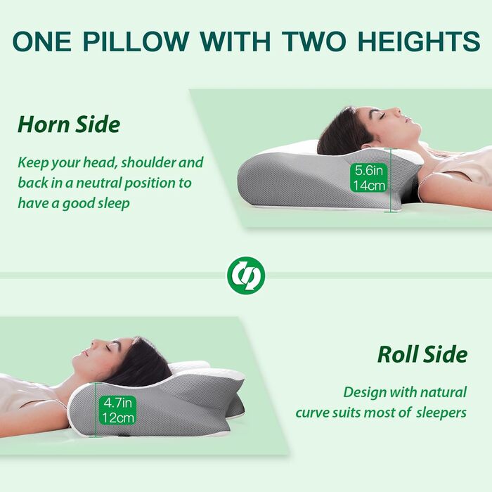 Подушка для шиї з піни Memory Foam 2-в-1, ергономічна, 60x40x12/14 см, сіра - для сну на спині, боці та животі