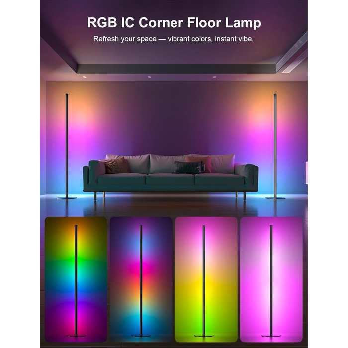 LED торшер для вітальні, білий з пультом ДУ, RGB 16 млн кольорів, синхронізація з музикою, 140 см, кутова лампа для ТВ, спальні, ігрової кімнати