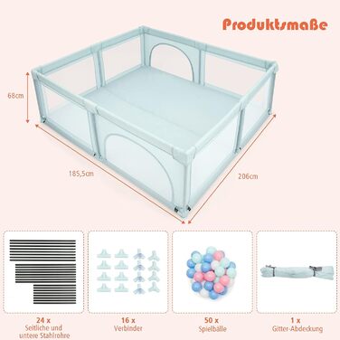 Дитячий манеж COSTWAY 206x185,5 см з 50 ігровими кульками, дихаючою сіткою та двома дверцятами, манеж-загородка для немовлят і дітей, синій