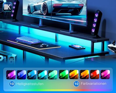 Ігровий кутовий стіл ODK з LED-підсвіткою та USB-портом, 168×120 см, вуглецеве волокно, чорний