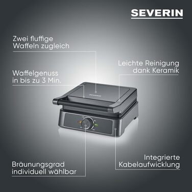 Вафельниця SEVERIN WA 2117 Black Line для бельгійських вафель у формі серця, антипригарне PFAS-free покриття, 1000 Вт, чорний/нержавіюча сталь