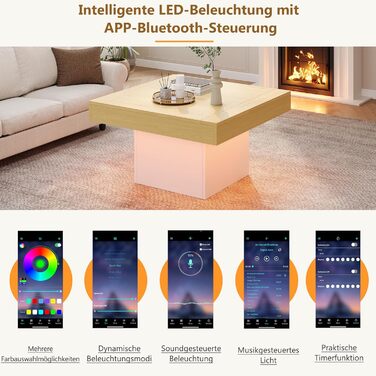 Журнальний стіл Merax з LED підсвіткою, квадратний дизайнерський стіл у формі гриба, білий і світлий дуб, для вітальні та домашнього офісу