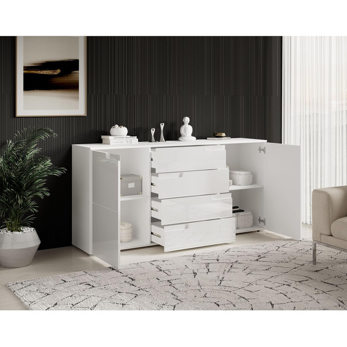 Комод Stella Trading SPICE у білому глянці, сучасний, 165x80x40 см, з великим місцем для зберігання для вітальні