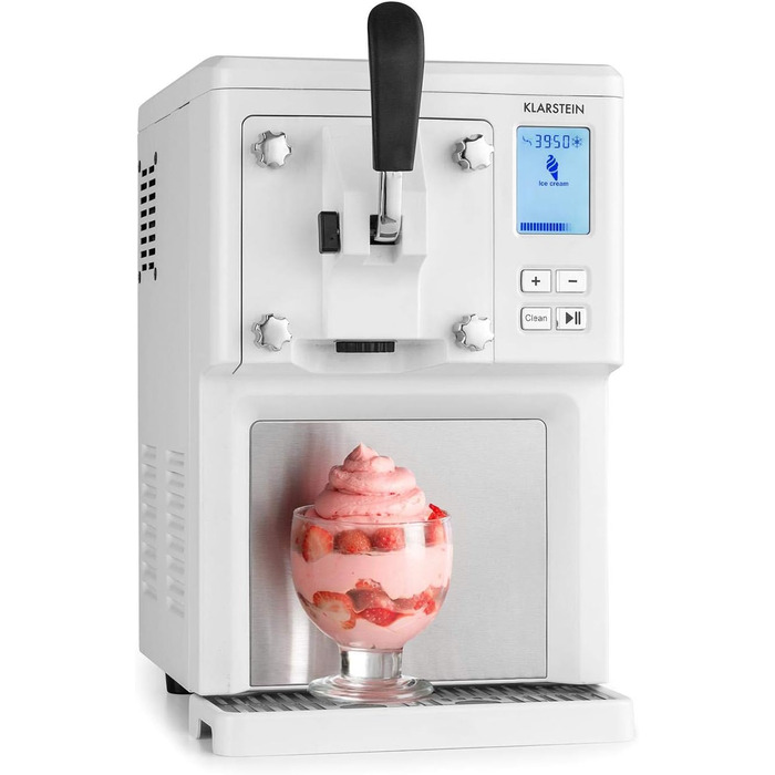 Машина для приготування морозива Klarstein Sweet Sundae, 1.5 л, компресор, 200 Вт, система видачі, авто-охолодження 3 год, авто-очищення, нержавіюча сталь, білий