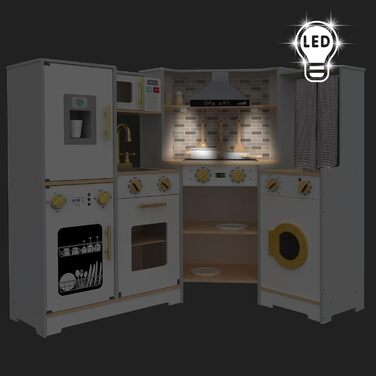 Дитяча дерев'яна кухня Mamabrum XXXL з LED-підсвічуванням та аксесуарами: мікрохвильова піч, посуд, столові прибори. Ігровий набір для дітей 3+