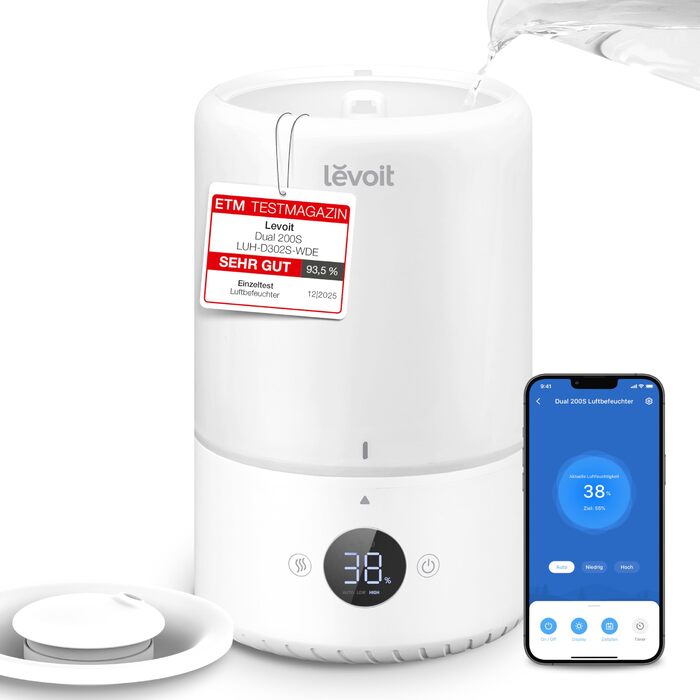 Зволожувач повітря Levoit Smart для спальні та дитячої кімнати, 3 л, кремовий. З сенсором вологості, тихий (20 дБ), з обертовою насадкою 360° для рослин.