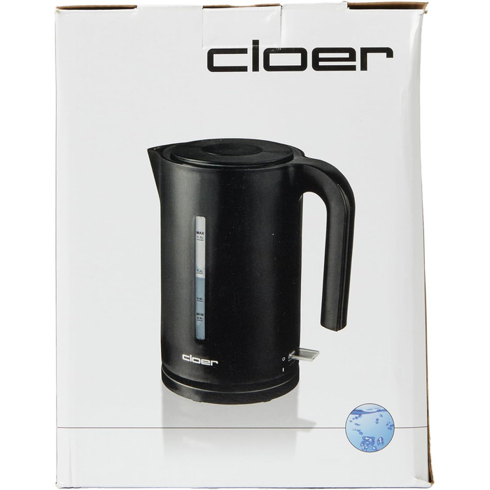 Електрочайник Cloer 4110, 2200 Вт, 1.7 л, чорний, з великим індикатором рівня води, фільтром від накипу, захистом від перегріву та увімкнення без води