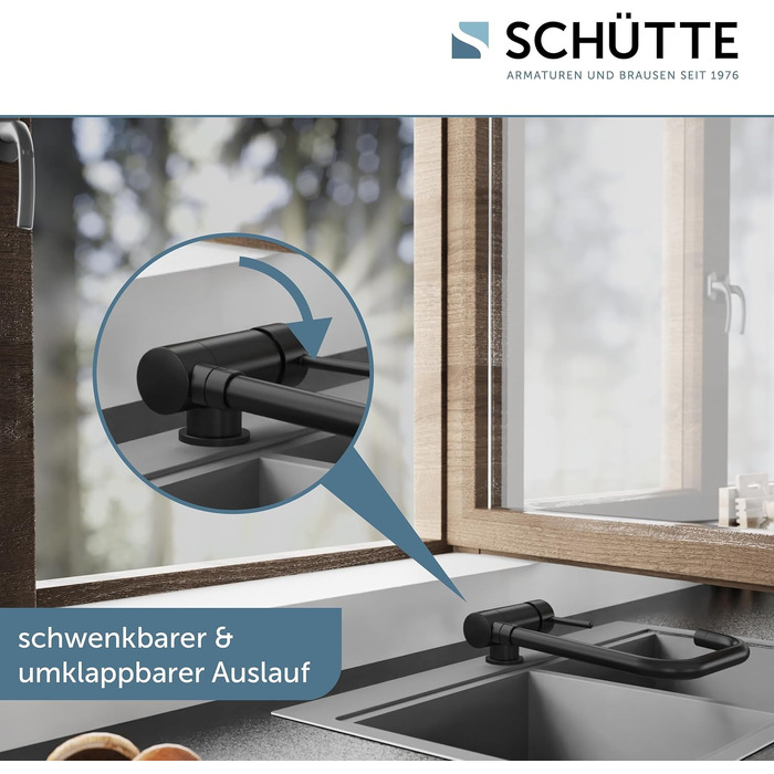 Змішувач кухонний SCHÜTTE 24550 WINDOW для мийки під вікно, поворотний на 360°, одноричажний, чорний хром