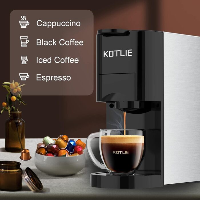 Кавомашина KOTLIE Espresso 4-в-1 для NES/Dolce Gusto/меленої кави/ESE (44мм), 19 Бар, Чорна