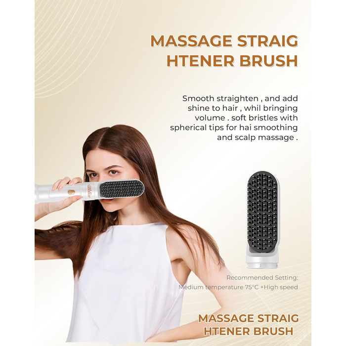 UKLISS 6-в-1 Hairstyler: Фен-щітка для укладки волосся з гарячим повітрям, автоматична, Pro (біло-сірий)