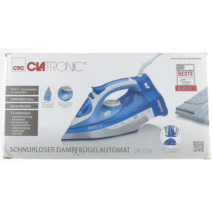 Бездротова праска Clatronic DB 3706 з керамічною підошвою, 7 функцій, плавне регулювання температури
