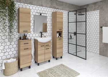 Domodomo Підлогова тумба для ванної з умивальником 85x50x41 см, кераміка, дуб Craft, з шухлядою, сифоном і змішувачем