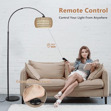 Торшер Rayofly з ротангу для вітальні, чорний, з LED-лампою, дистанційним керуванням та подвійним абажуром, Boho стиль, E27, керування через додаток