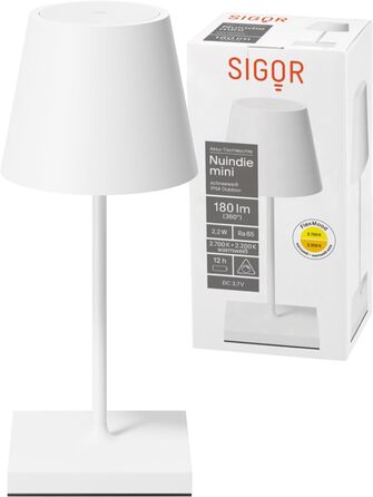 Світлодіодна акумуляторна настільна лампа SIGOR Nuindie 2.0 mini, димірується, для дому та вулиці, IP54, USB-C, 25 см, 12 годин роботи, біла