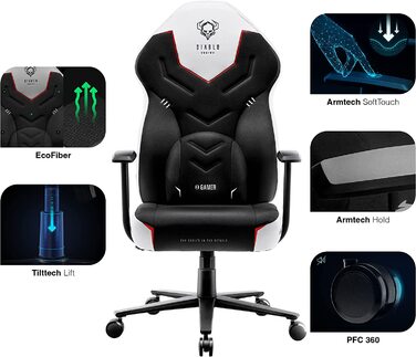 Ігрове крісло Diablo X-Gamer 2.0 з тканинною оббивкою, ергономічне, з подушкою для попереку, Softpad, чорне-біле, 128x68x55 см