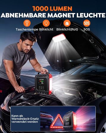 Пусковий пристрій UTRAI 7000A з компресором 160 PSI та Powerbank для авто (бензин та дизель до 12л), магнітний ліхтар 1000 Лм, червоний