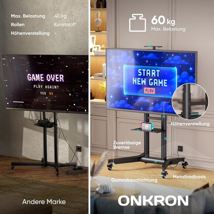 Професійна мобільна стійка для телевізора ONKRON TS1571-B, чорна, 32-75'' (до 60 кг), регульована висота, VESA 600x400, для плоских і вигнутих екранів