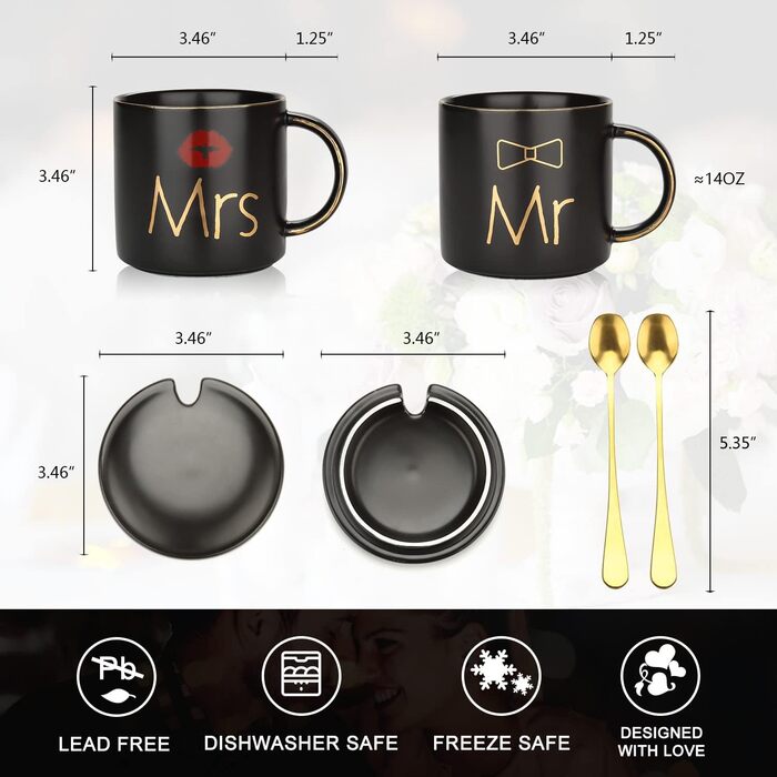 Керамічні чашки для пари "Mr & Mrs", подарунковий набір для весілля, заручин, 370 мл, овальні