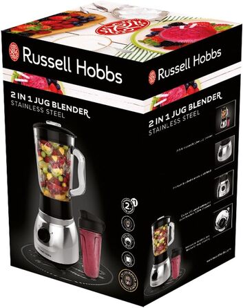 Блендер стаціонарний Russell Hobbs 2-в-1 зі скляною чашею 1.5л та міні-блендером для смузі 0.6л - подрібнювач льоду, BPA-free, нержавіюча сталь 23821-56