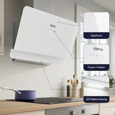 Похила витяжка для кухні CIARRA CBCS6765C 60 см, сталь та скло, білий/сріблястий, 580 м³/год, з вугільним фільтром CBCF055, сенсорне керування, настінний монтаж, клас A+