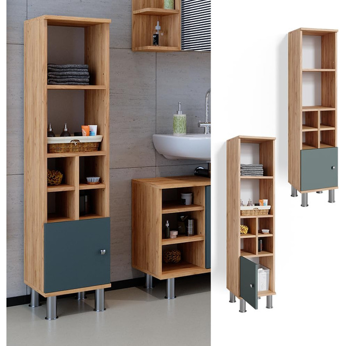 Пенал для ванної Vicco Fynn, зелений/дуб золотий, 30x130,6 см, маленькі дверцята