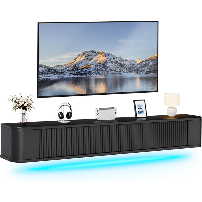 Підвісна тумба під телевізор YITAHOME 140 см з RGB підсвіткою, чорна. Настінна поличка для ТБ з великим об'ємом для вітальні та спальні (180x25x20 см)