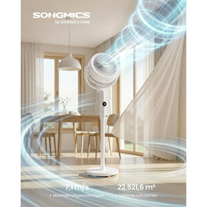 Вентилятор підлоговий SONGMICS XFC002W1EU тихий (20 дБ), з пультом, 15 швидкостей, 3 режими, 120°/135° осциляція, таймер 15 год, регульована висота, білий